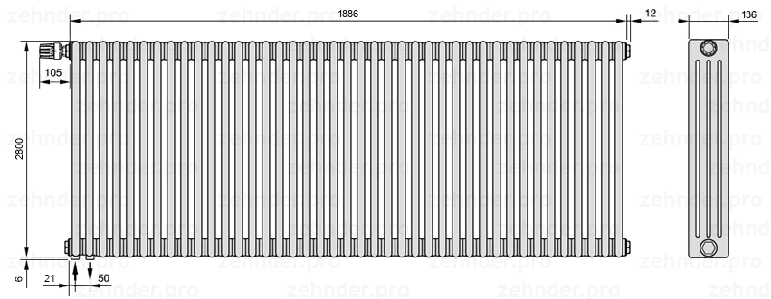 Схема (чертеж) Радиатор Zehnder Charleston 4280/41 №V001 Белый глянцевый RAL 9016